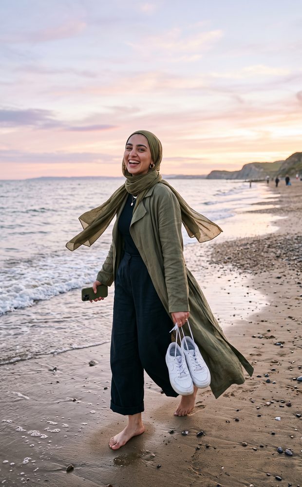 Walking barefoot on the beach at sunset