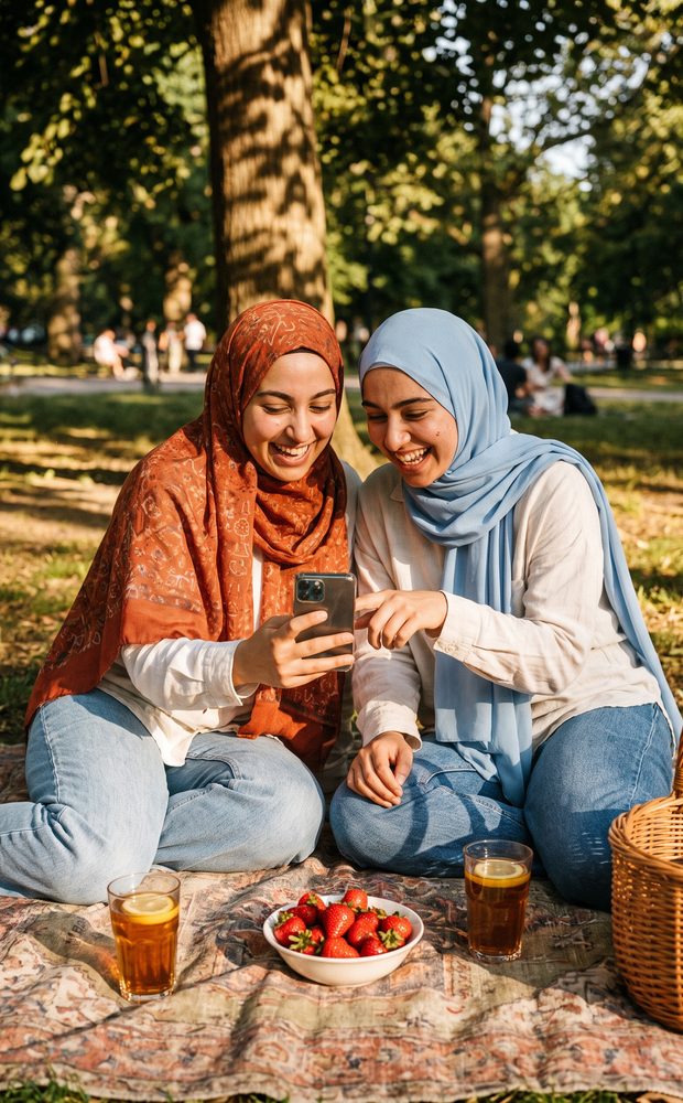 Two friends laughing at a picnic